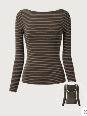 OGL Striped Open-Back Brami Top Built in Bra Brown White Long Sleeve Medium NEW